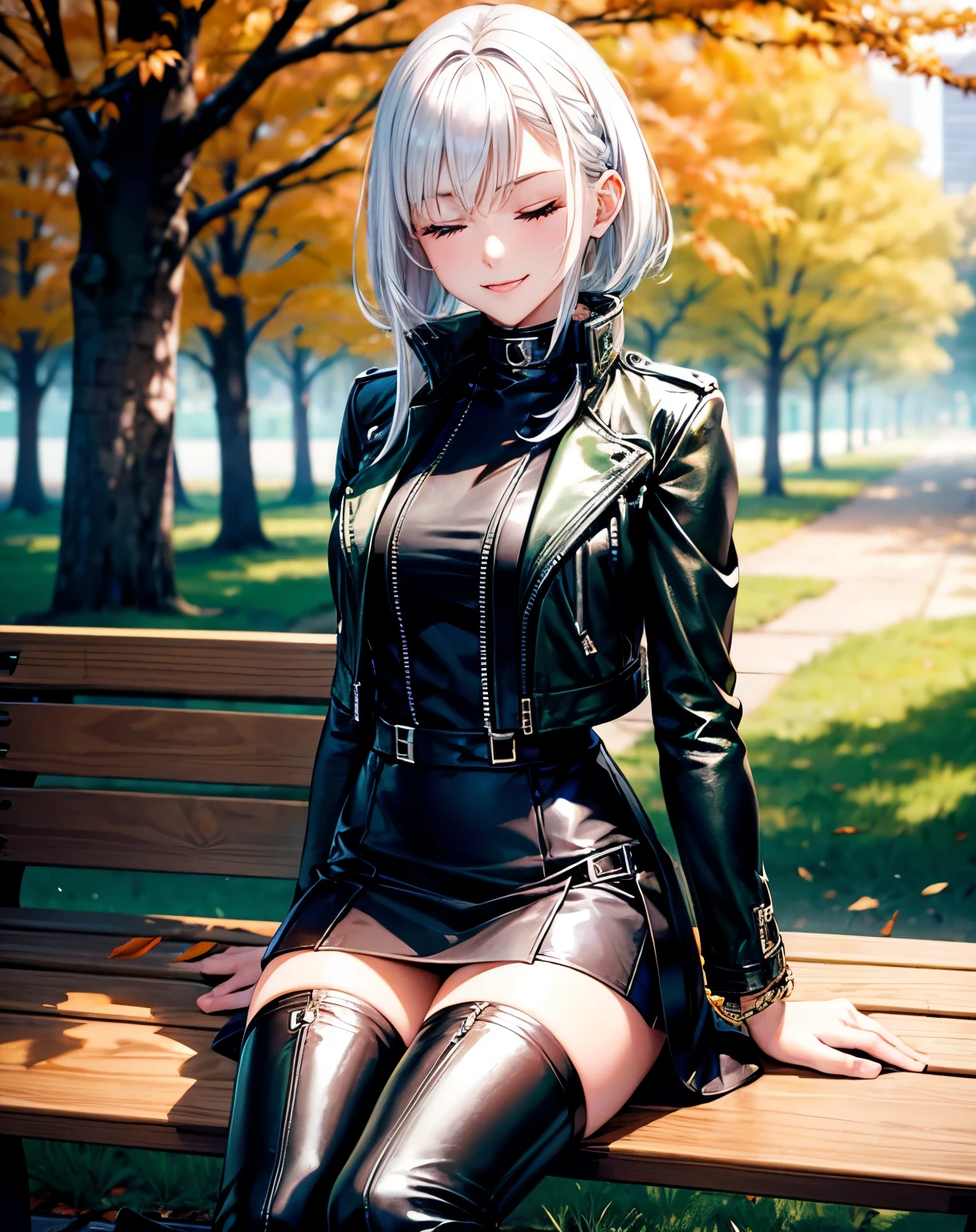 ultra quality, young woman, high, Bright skin, White hair, leather jacket, slim, topic, skirt, black thigh-high boots green eyes, Autumn, bracelets, park, height,is sitting,a bench,высунула,She lifted her legs,outside, eyes closed,smile,showed her legs
