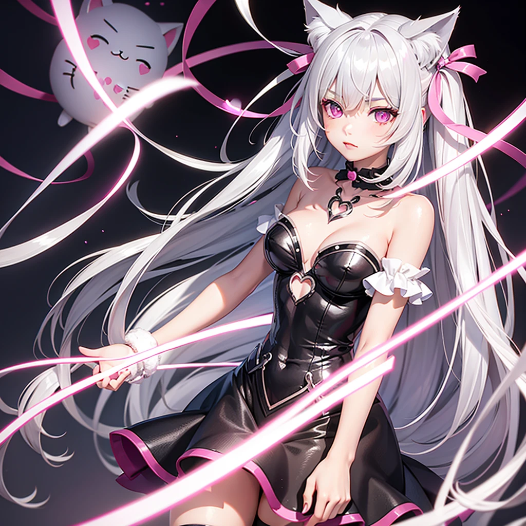 Silver hair, pink eyes, body, cat ears, cute girl, hair bow, heart fantasy background 