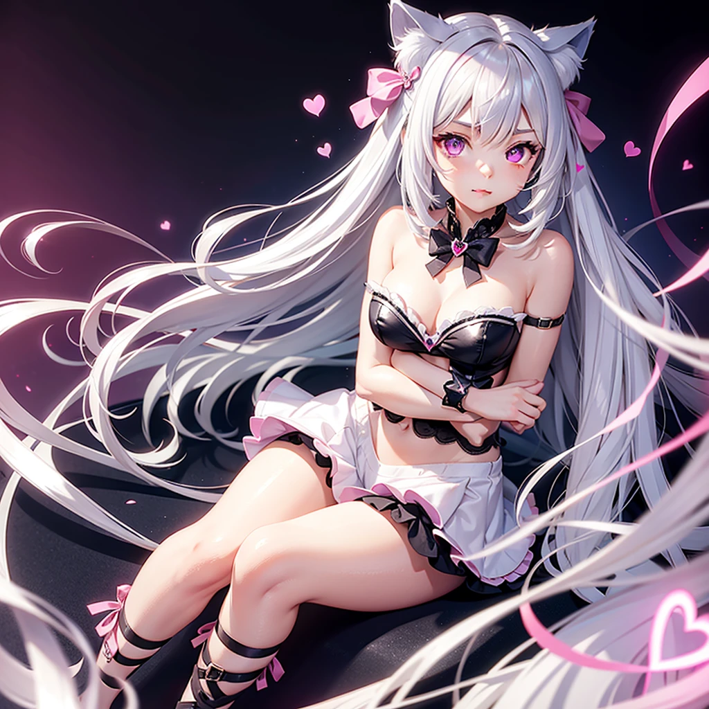 Silver hair, pink eyes, body, cat ears, cute girl, hair bow, heart fantasy background 