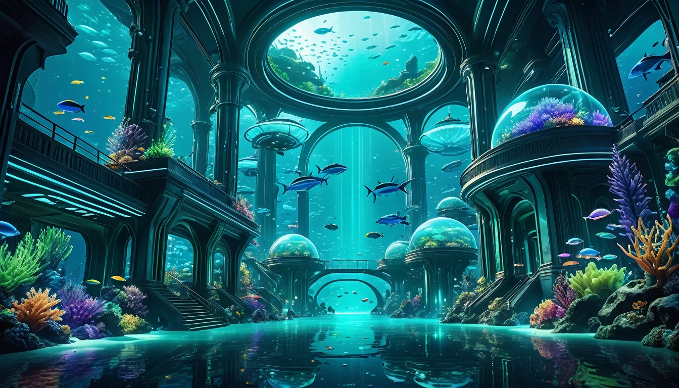 a futuristic underwater city,glowing bioluminescent plants,advanced architecture with neon lights,sleek metallic structures,massive glass domes,schools of colorful fish,giant sea creatures in the distance,cinematic lighting,muted blue and green tones,8k, hyper detailed, cinematic,concept art, photorealistic