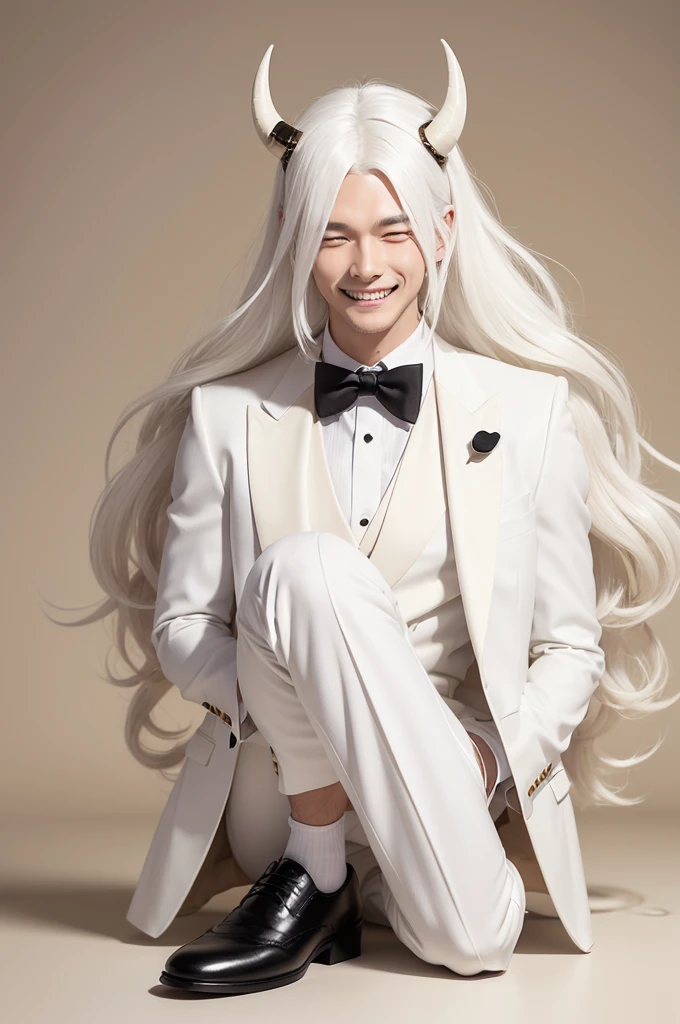 A man in a white suit and white pants, with black shoes. Long white hair covering your eyes, and smile with sharp teeth lining up. It has two beige horns on its head., and your skin is white. Make it like a drawing.