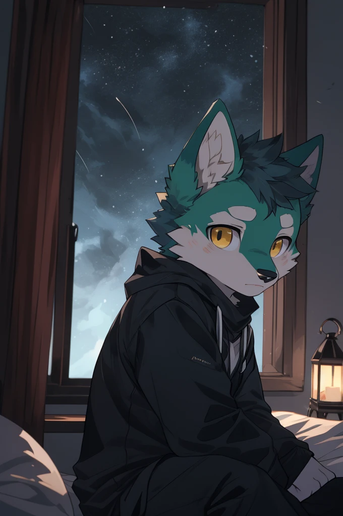 (highest resolution, Dynamic HDR, 4K, full HD) , furry, 18 years old, green fur wolf, green body, yellow eyes, Random clothes, round_cornea, sad face, cute, bedroom, slim_body, นั่งพิงกำแพงในbedroom, The atmosphere is gloomy., nighttime, Dark room with no light