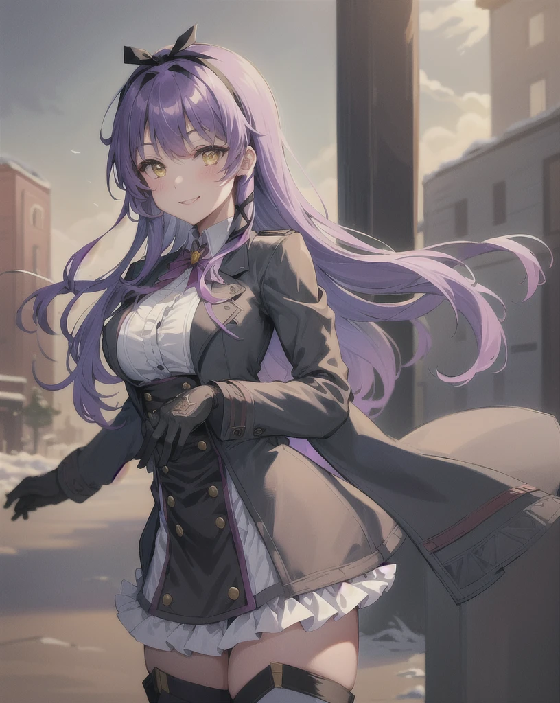 best quality, (masterpiece:1.2), illustration, absurdres,
(1girl), (solo), (beautiful detailed girl),
Renne Bright, yellow_eyes, purple hair, long hair, parted_bangs, hair_ribbon,
black coat, white shirt, pantyhose, black knee boots, short black skirt, frills, black_gloves,
in snowy village, falling snow, particles, crisp winter morning, breathing out steam, snowy pine trees and frozen river,, 
smug, smile, confident,