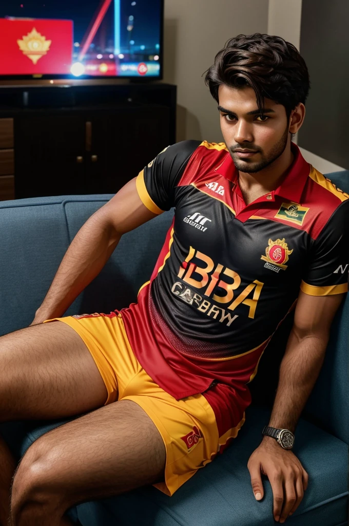 Create high quality realistic pictures for 21 years old boy wearing a rcb IPL jersey with the name munna” and the number “18” printed on it. The person is sitting on a dark surface, possibly a couch or bed, and watching IPL cricket on a large-screen television. Realistic pictures, 8k pictures