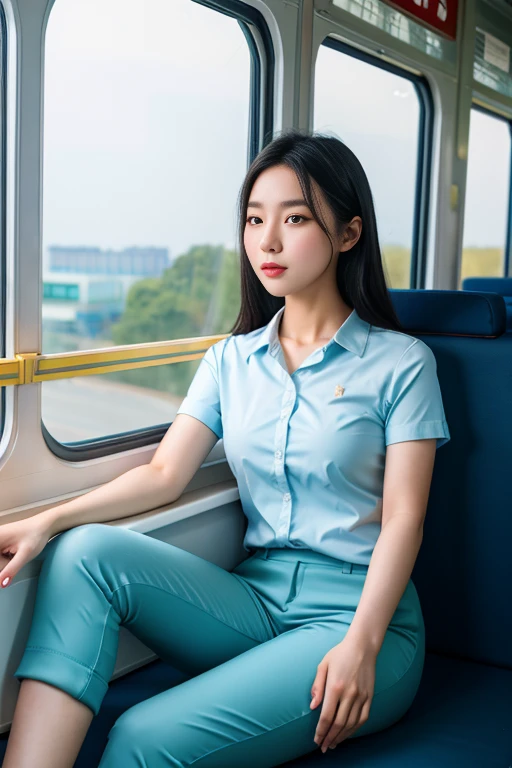 1 Korean girl, 28 years old, normal girl, black hair, delicate facial features, porcelain skin, Big body, light-blue Shirt, grey long pants, open your eyes, the shabby country bus, sitting in the window seat, looking out the window,