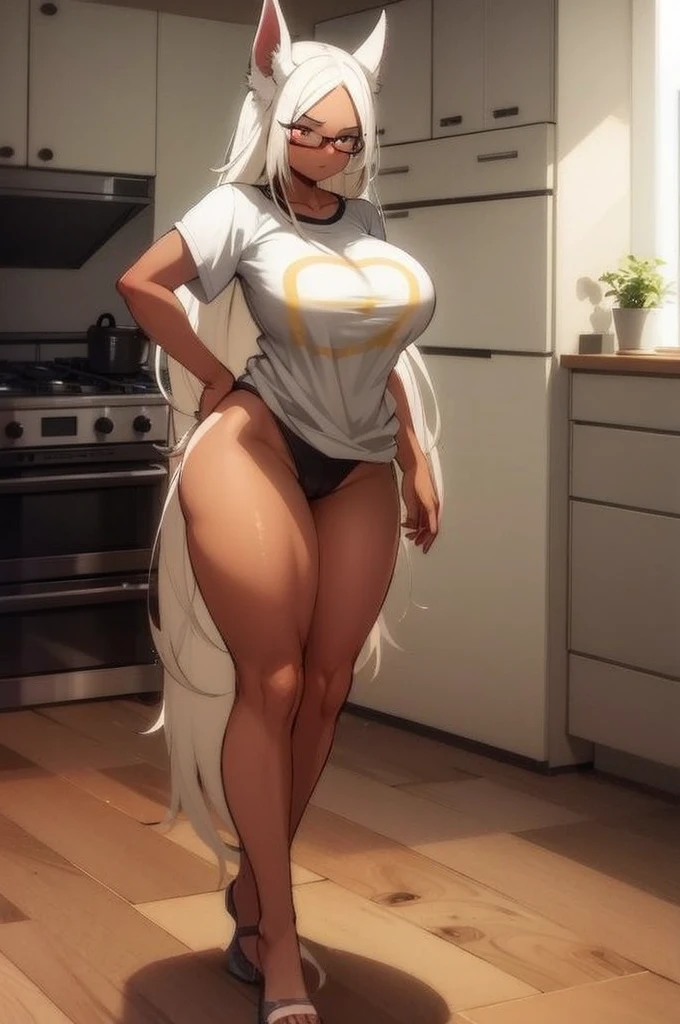 Tall girl with hot pink hair and light skin with cat ears wears a short black sweater and a short black skirt and black stockings on her legs with big breasts and wide hips and wears glasses and has a cat tail pink and a tender expression.