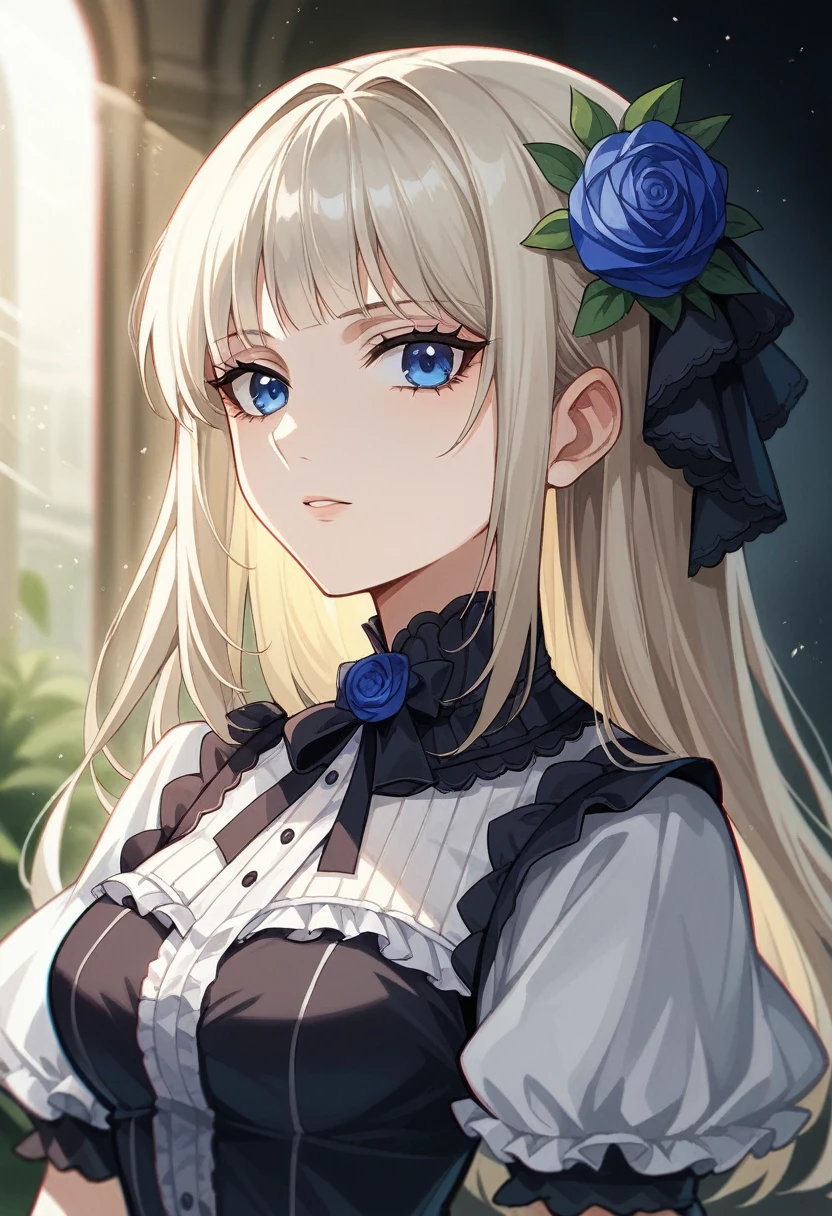 (masterpiece, best quality:1.2), 8k, 85mm, official art, raw photo, absurdres, platinum blonde hair, (blue eyes, lolita fashion, sweetlolita, gothic, dress:1.2), idol face, upper body, beautiful girl, gardeniass, short sleeve, elegance, sophisticated, gardenia, looking at viewer, film grain, chromatic aberration, sharp focus, facelight, dynamic lighting, cinematic lighting, detailed face, bokeh background