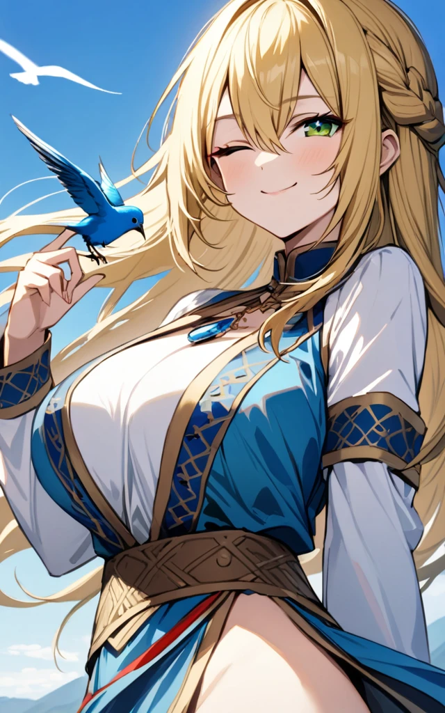 (masterpiece)、(absurdres)、(ultra detailed),Blue sky background with lots of flying birds、A meadow with lots of flowers blooming、BREAK,Blue bird on hand、BREAK,solo woman:1.1、huge breast:0.9,french braid、yellow long hair:1.1、green eyes、hair between eyes、little pendant in sapphire:0.9、blue stripes indian costume:1.2、side view,cowboy shot,closed mouth,happy smile,half-closed eye,one closed eye,Pale Light、