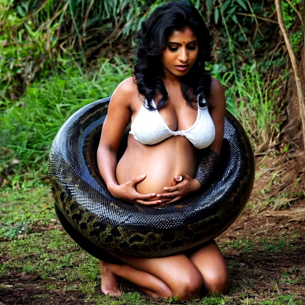 Pregnant  Happy Horny, aroused 1girl), beautiful kneeling Indian  girl  with  giant colossal black titanboa squeezing her hard, wrapped in thick spiraling coils, constricted, struggle, gasping for air, snake attack, snake peril, moonless night, dim light