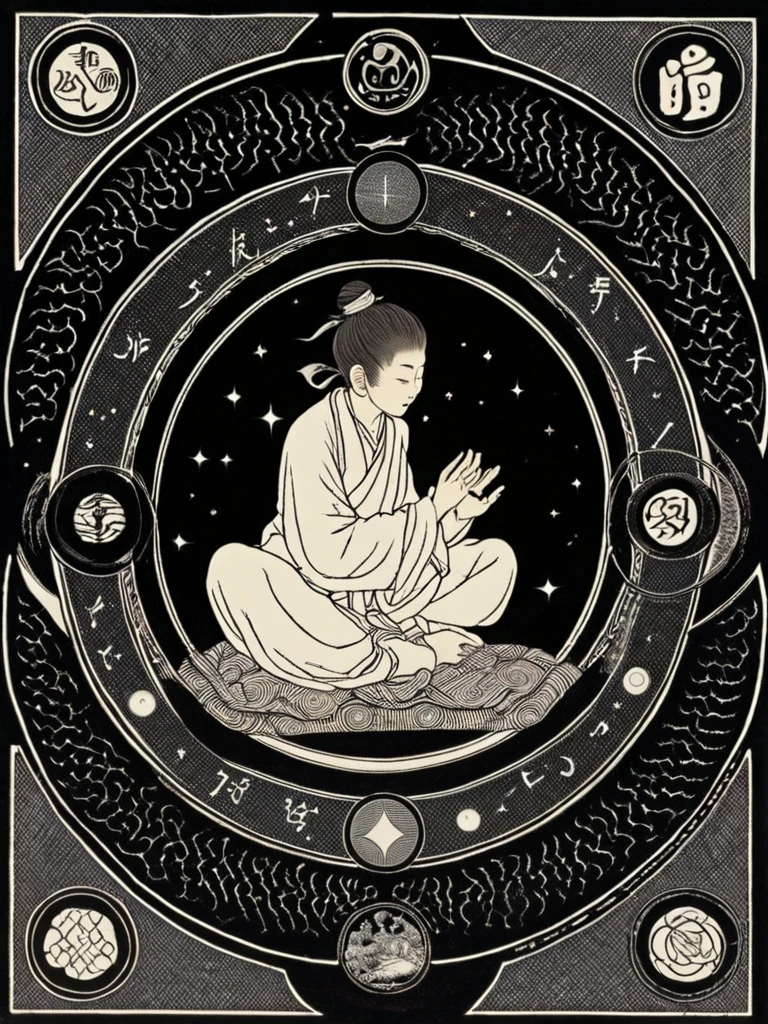 Ten Aspects of Longevity,A boy in the void,Curled up position,There are ten magic circles around the boy.,
