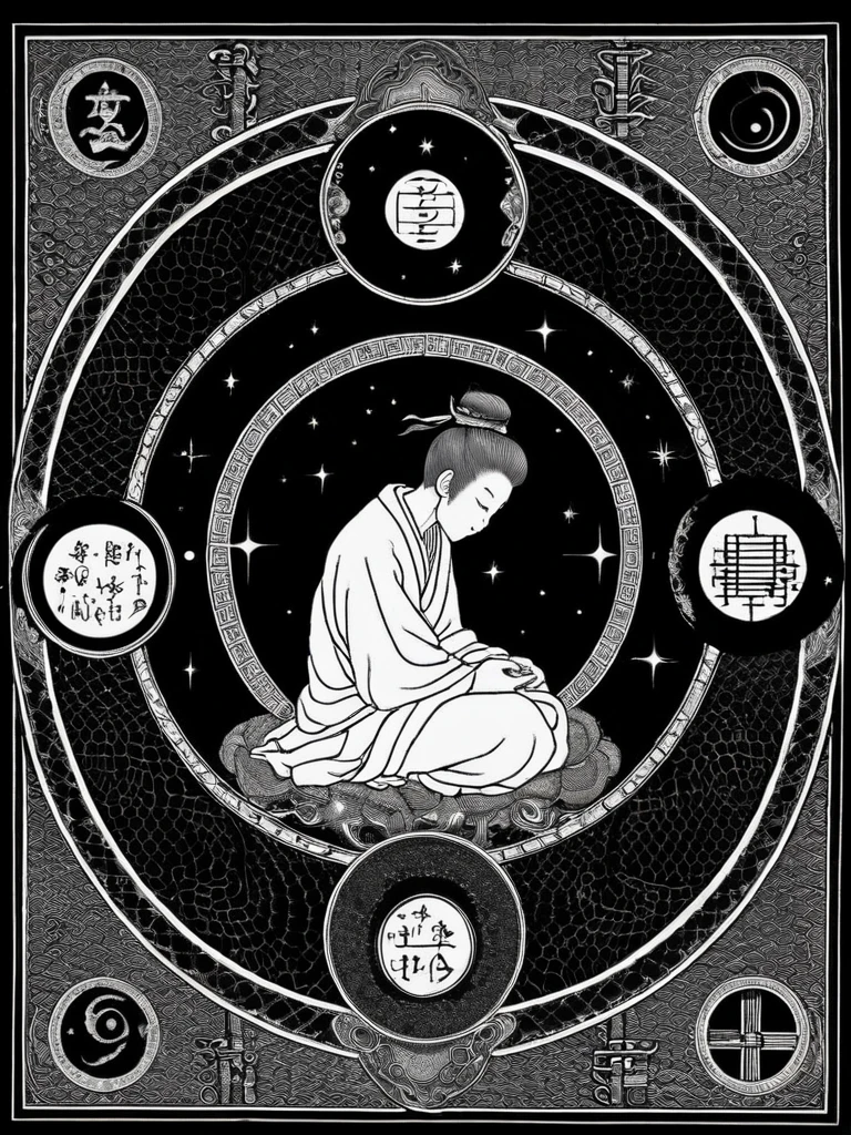 Ten Aspects of Longevity,A boy in the void,Curled up position,There are ten magic circles around the boy.,