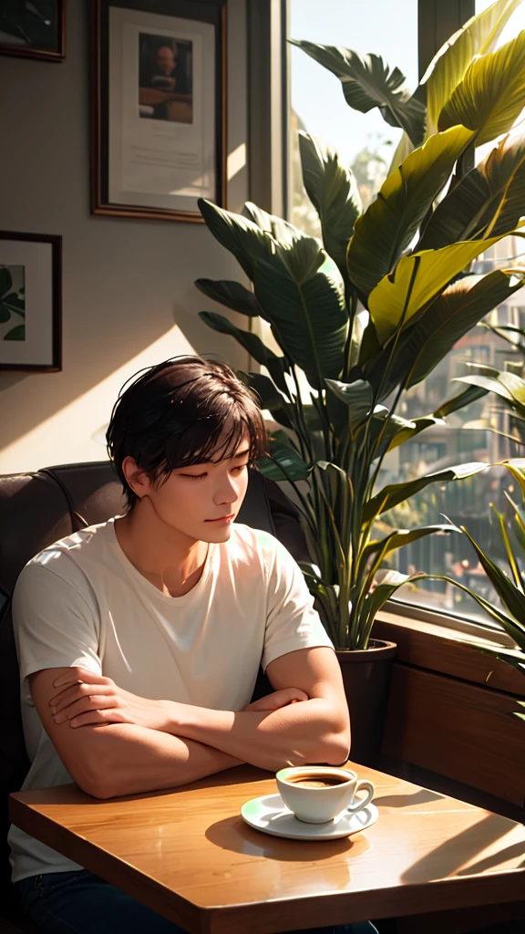 casual photography, man relaxing at a cafe, morning, warm soft lighting, plants, close-up