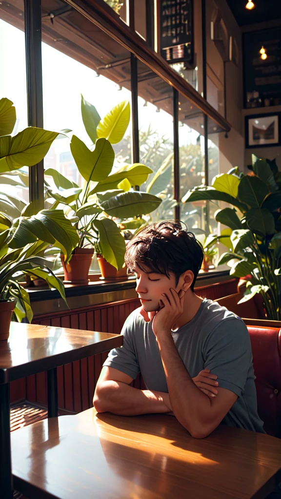 casual photography, man relaxing at a cafe, morning, warm soft lighting, plants, close-up