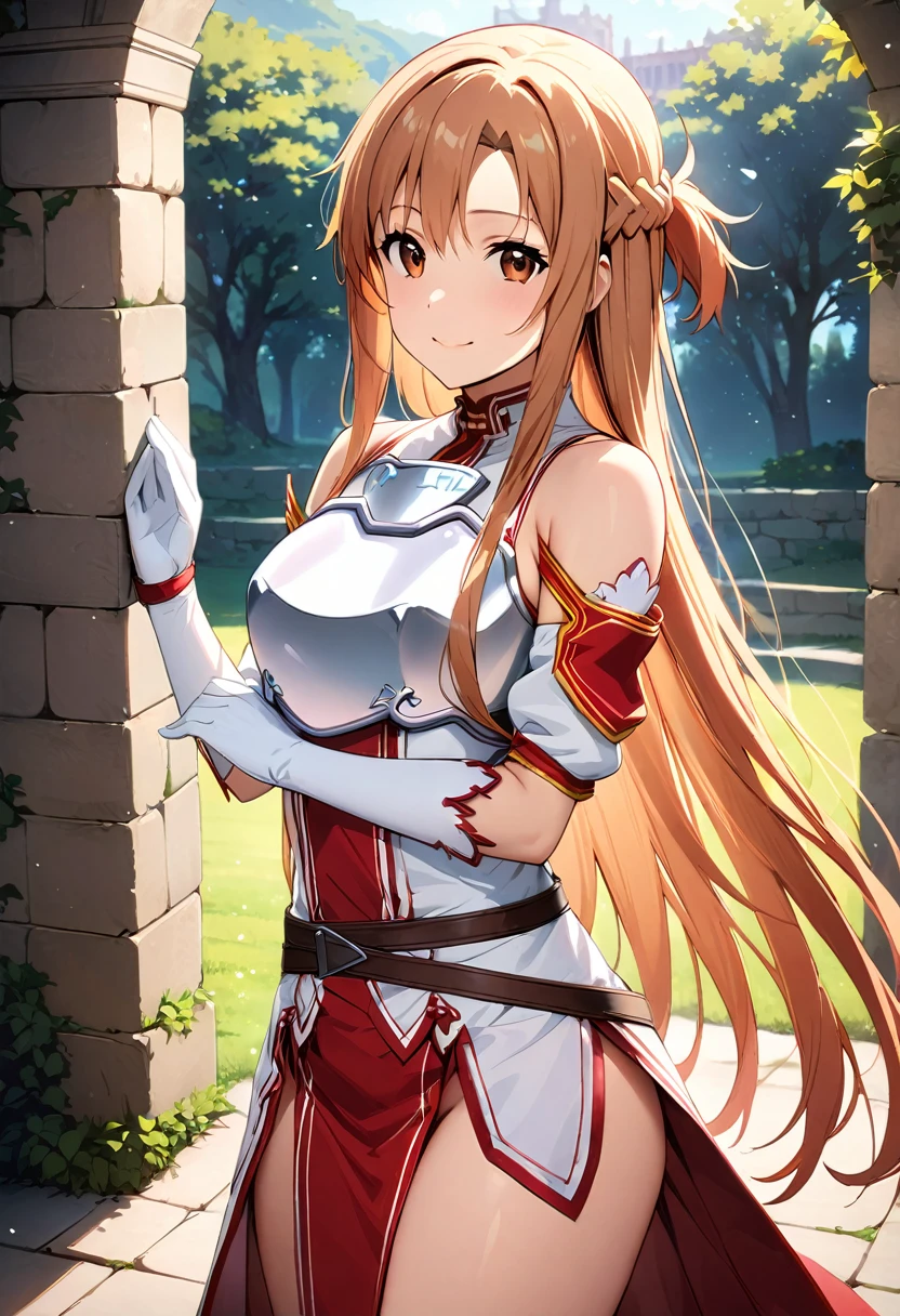 ((masterpiece)), Highest quality, Very detailed,(One Girl),Yuuki asuna、asuna(stay), brown eyes, bare shoulders, breastplate, armor, detached sleeves, gloves, white gloves, (red and white dress), Long Hair, smile, Beautiful background ,(Completely naked), 
