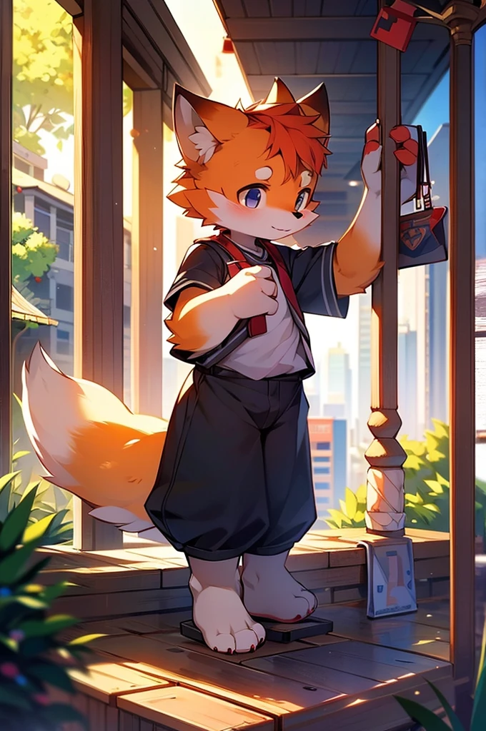 fox motif, boy, uniform,expensive,One person,Stand up on your own feet,背がexpensive,Cityscape,