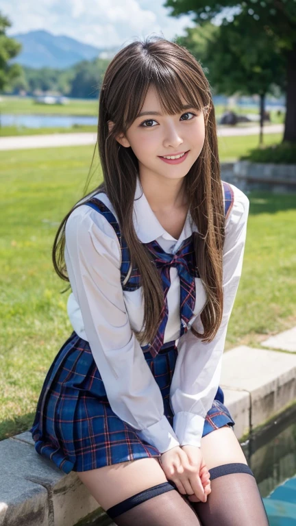 masterpiece, Highest quality, One girl, , Brown Hair, blue eyes,Very long hair,smile,,high school studeor Uniform,Tartan Check Skirt, Cheerfulness, Thick legs,wonderful, Beautiful fine details, Fine details, Depth of written boundary, Highly detailed CG, original, Outdoor, Beautiful and delicate hands, Beautiful details on the fingers, Knees in the water, Beautiful detailed water, Beautifully detailed skies, Fine, fluttering water droplets, author, colorful, High resolution, colorfulな屈折, Nonlinear Lighting,Young and cute gravure idol,Duck mouth,(Thigh close up 1)、Knee-high tights、Look at the audience、Are standing、smile