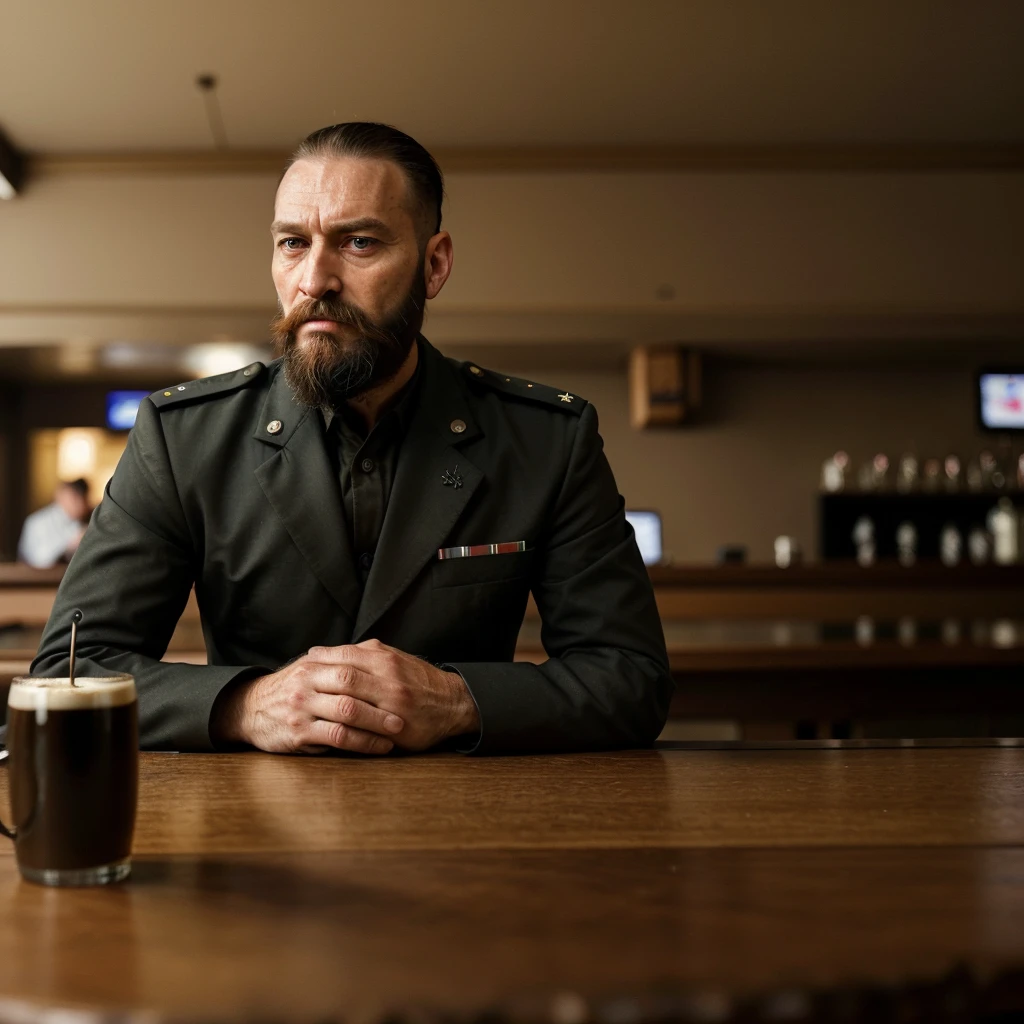 Man with beard, short hair, military style, formal clothes, evil face, in his 40s, robust, sitting in front of a table in a bar, drinking coffee and with a serious look, reflecting on something serious
