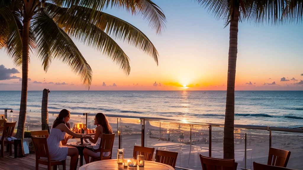 A vibrant scene unfolds by the sea where a live band performs a fusion of bossa nova and jazz on a spacious wooden deck. The lead singer, dressed in a flowing sundress, moves gracefully to the mellow rhythms. A saxophonist and guitarist play harmoniously, their music mingling with the sound of gentle waves lapping against the shore. The audience, seated at tables with soft lighting and candles, enjoys refreshing cocktails while the setting sun casts a golden glow over the ocean. The atmosphere is both tranquil and lively, with palm trees swaying in the background and the scent of saltwater in the air, creating a perfect blend of music and seaside serenity.