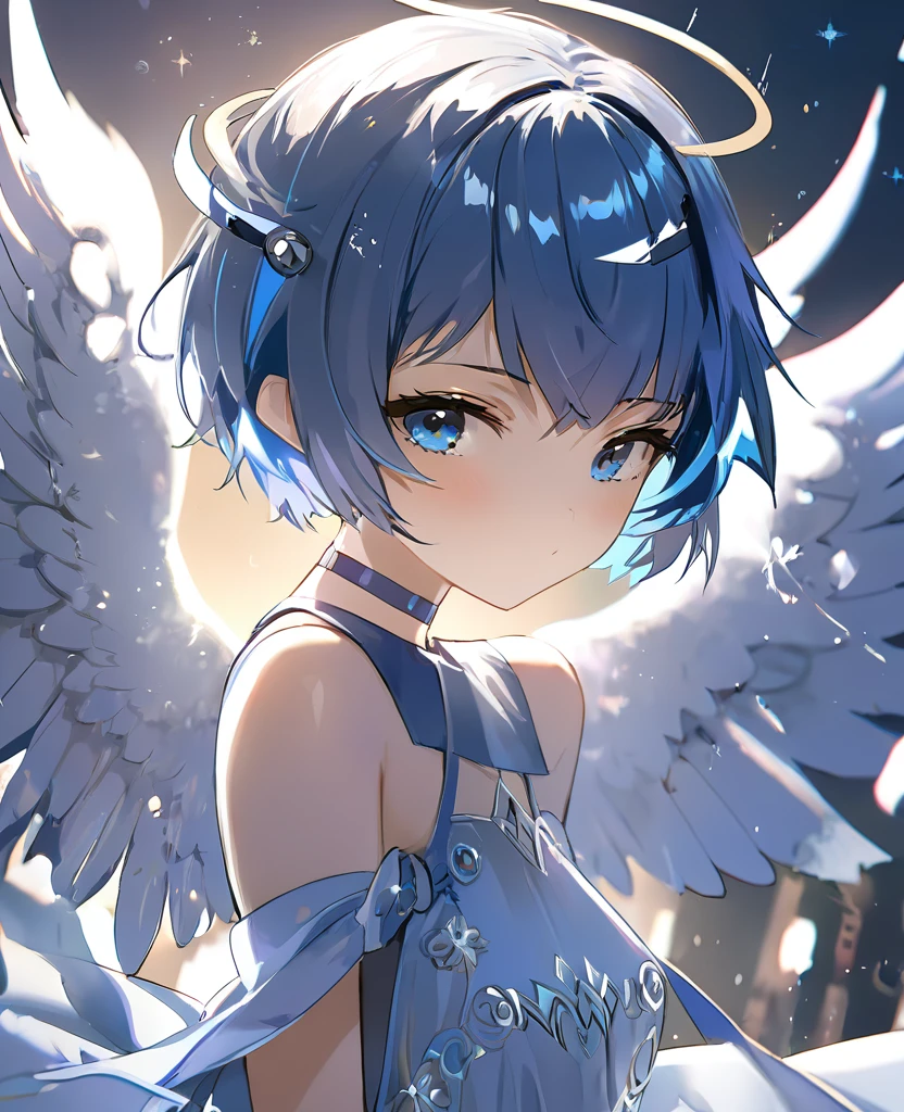 cute , Dress up in fantasy, short hair, Blue Hair, 4k resolution, 最high quality, In public, masterpiece, Narrow grey eyes, Broken Angel Halo, high quality, 