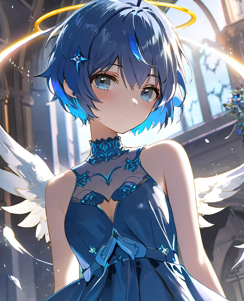 cute , Dress up in fantasy, short hair, Blue Hair, 4k resolution, 最high quality, In public, masterpiece, Narrow grey eyes, Broken Angel Halo, high quality, 