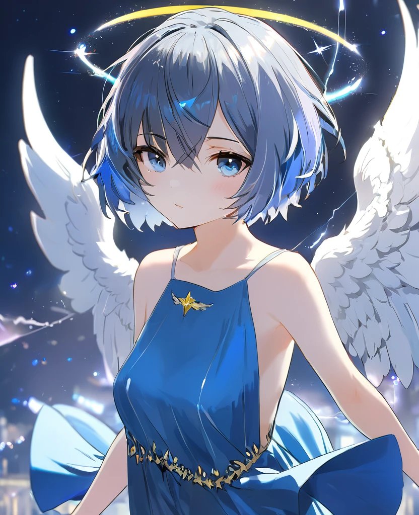 cute , Dress up in fantasy, short hair, Blue Hair, 4k resolution, 最high quality, In public, masterpiece, Narrow grey eyes, Broken Angel Halo, high quality, 