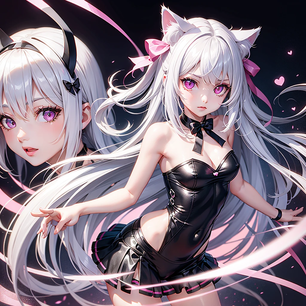 Silver hair, pink eyes, body, cat ears, cute lady, hair bow, heart fantasy background