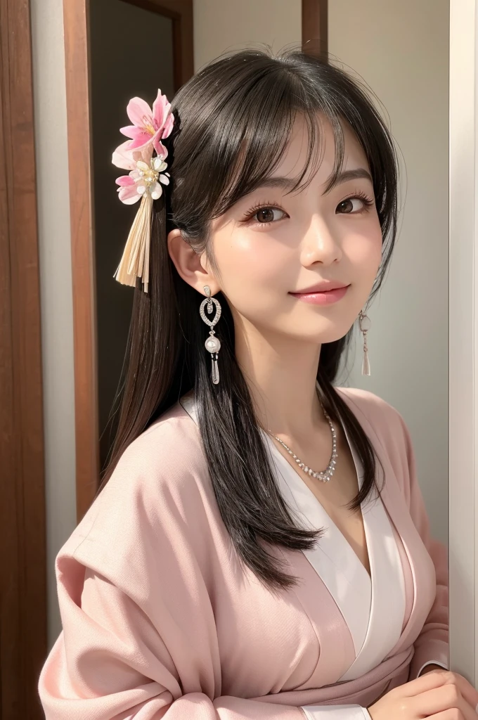 fortune teller,((full body)),((photo)),((best qualtiy, 8K, tmasterpiece:1.3)), Focus:1.2, perfect figure beautiful girl:1.4,1girl,cowboy shot,look at viewer,incredibly absurd, beautiful and cute girl with a photorealistic face, showcasing top-quality craftsmanship, A Japanese woman who works as a fortune teller at a fortune telling parlor, 21 years old, hairstyle is long, deep black hair, shiny, silky texture, diagonal bangs cut above the eyes, side parted hair with a lot of volume, layered hair around the face, amber eyes, fair and fine skin, gentle oval face, cool double eyelids, long eyelashes, thin eyebrows with a natural curve, straight nose, small nose, naturally pink and light lips, plump cheeks that suit a smile, gentle jawline, long neck, beautiful nape, , delicate, well-balanced proportions, slender limbs, small A-cup breasts, beautiful Japanese appearance, elegant Japanese-style kimono with white and pale colors as the base, silver and natural stone earrings and necklace, Japanese patterned fan, beautiful, neat, Japanese style, healing, beautiful girl, kind, gentle, tolerant, knowledgeable, insightful, September