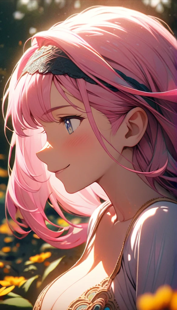 beautiful girl, long pink hair, beautiful face,smiling,close up to hips, beautiful breast, in the middle of flowers field, (open mouth:0.4),illustration,detailed textures(realists),ultra-detailed,portrait style,vivid colors,soft lighting, blushing, mature, hair fluttering, evening light , head band, ((half body)), cleavage, no bra , wearing intricate dress, perky. ((side profile ))