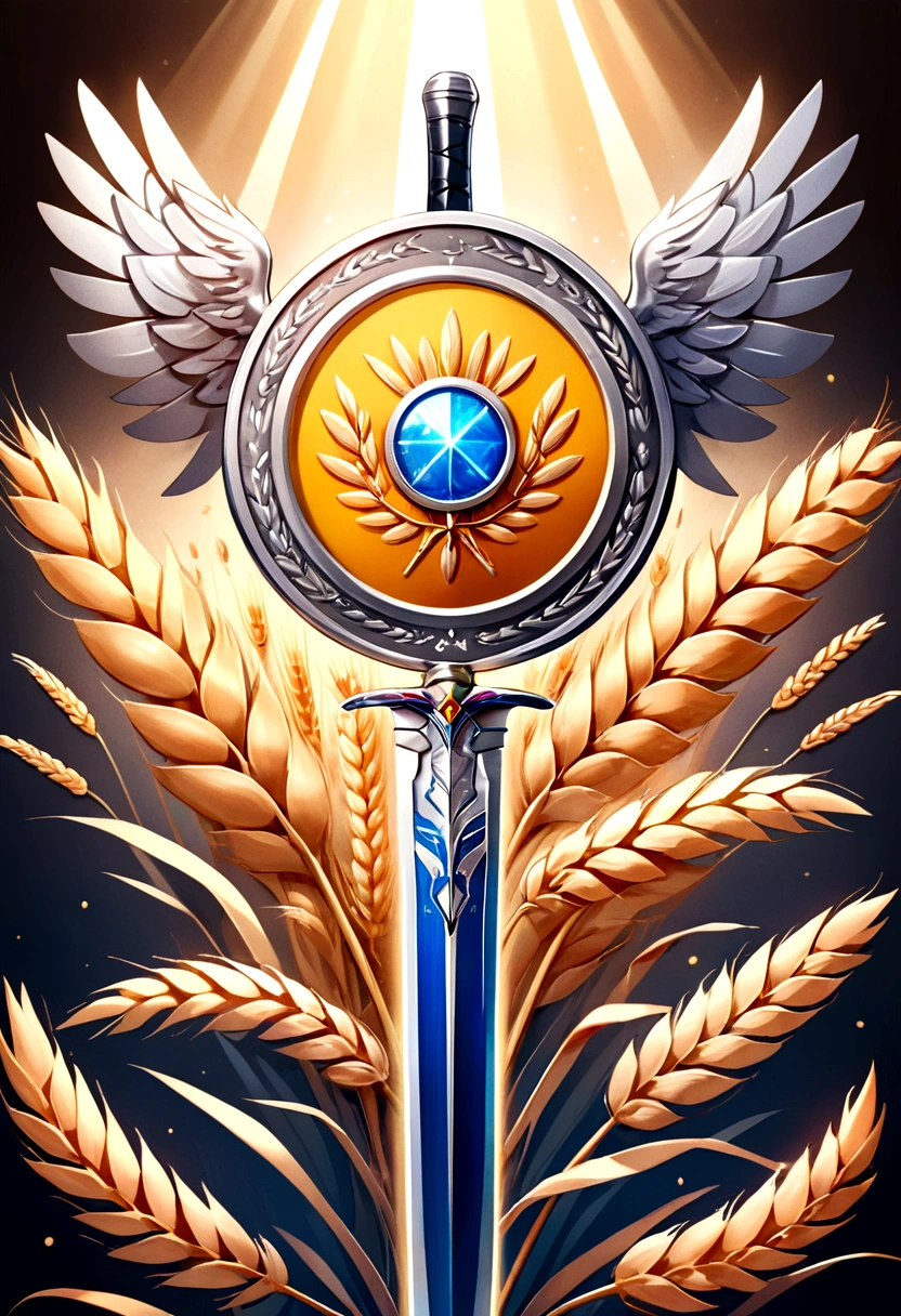 a silver medal game achievement badge, 2D flat design, wheat sheaf border, crossed wings sword and staff with icon in center, elegant detailed illustration, photorealistic, high quality, intricate details, vibrant colors, dramatic lighting, cinematic composition