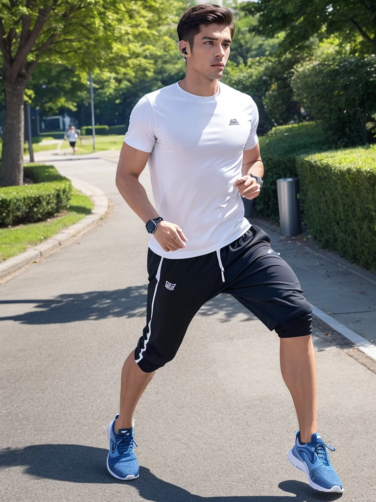「Handsome man in sports casual style。Logo T-shirt and track pants、Wearing running shoes。Wear a smartwatch on your wrist、Headphones hanging around the neck。The background is the jogging path in the park。」