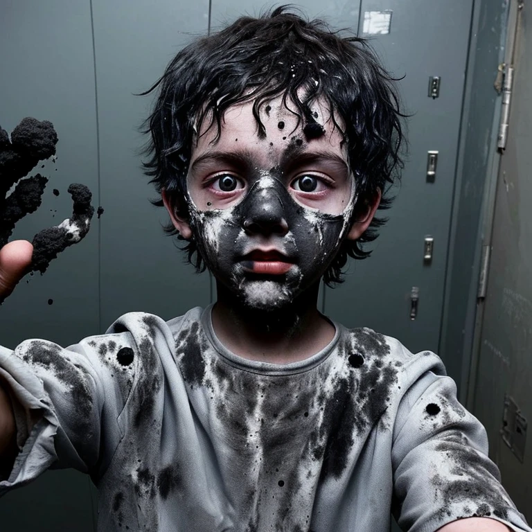 A selfie of a boy scientist covered in soot after an explosion during a failed experiment