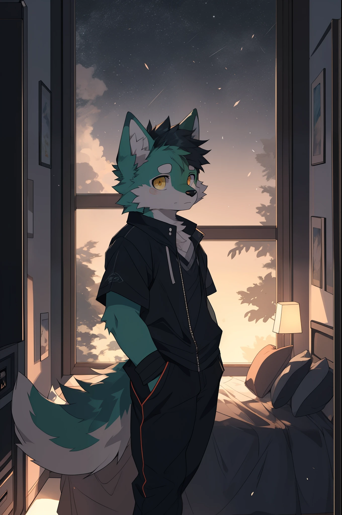 (highest resolution, Dynamic HDR, 4K, full HD) , furry, 18 years old, green fur wolf, green body, yellow eyes, Random clothes, round_cornea, sad face, cute, bedroom, slim_body, นั่งพิงกำแพงในbedroom, The atmosphere is gloomy., nighttime, Dark room with no light