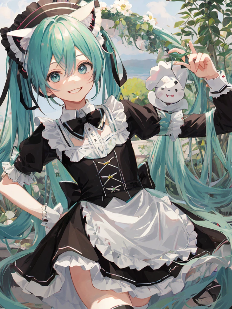 hatsune miku, maid, cute, cat ears, smiling
