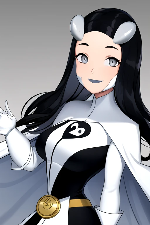 Phantom girl, Tinya Wazzo, solo, girl1, black hair, grey eyes, smile, grey lips, white cape, large cape, best quality, masterpiece, 