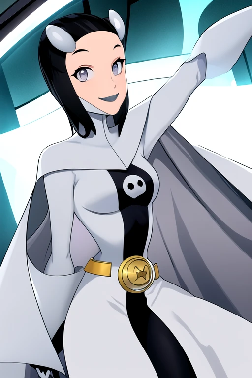 Phantom girl, Tinya Wazzo, solo, girl1, black hair, grey eyes, smile, grey lips, white cape, large cape, best quality, masterpiece,