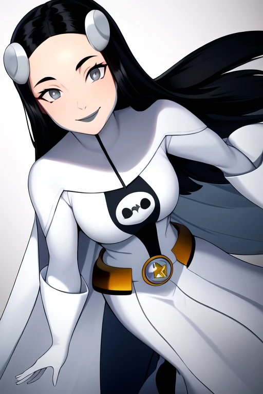 Phantom girl, Tinya Wazzo, solo, girl1, black hair, grey eyes, smile, grey lips, white cape, large cape, best quality, masterpiece, 