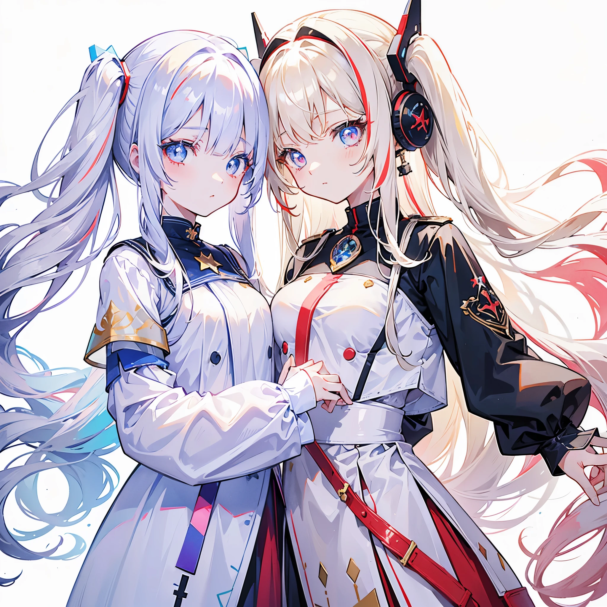 Two girls, one with beige hair and red eyes, the other with white hair and blue eyes, twin tails, long hair, white background, colorful pastel stars, light, high quality, mecha musume, Colorful portraits