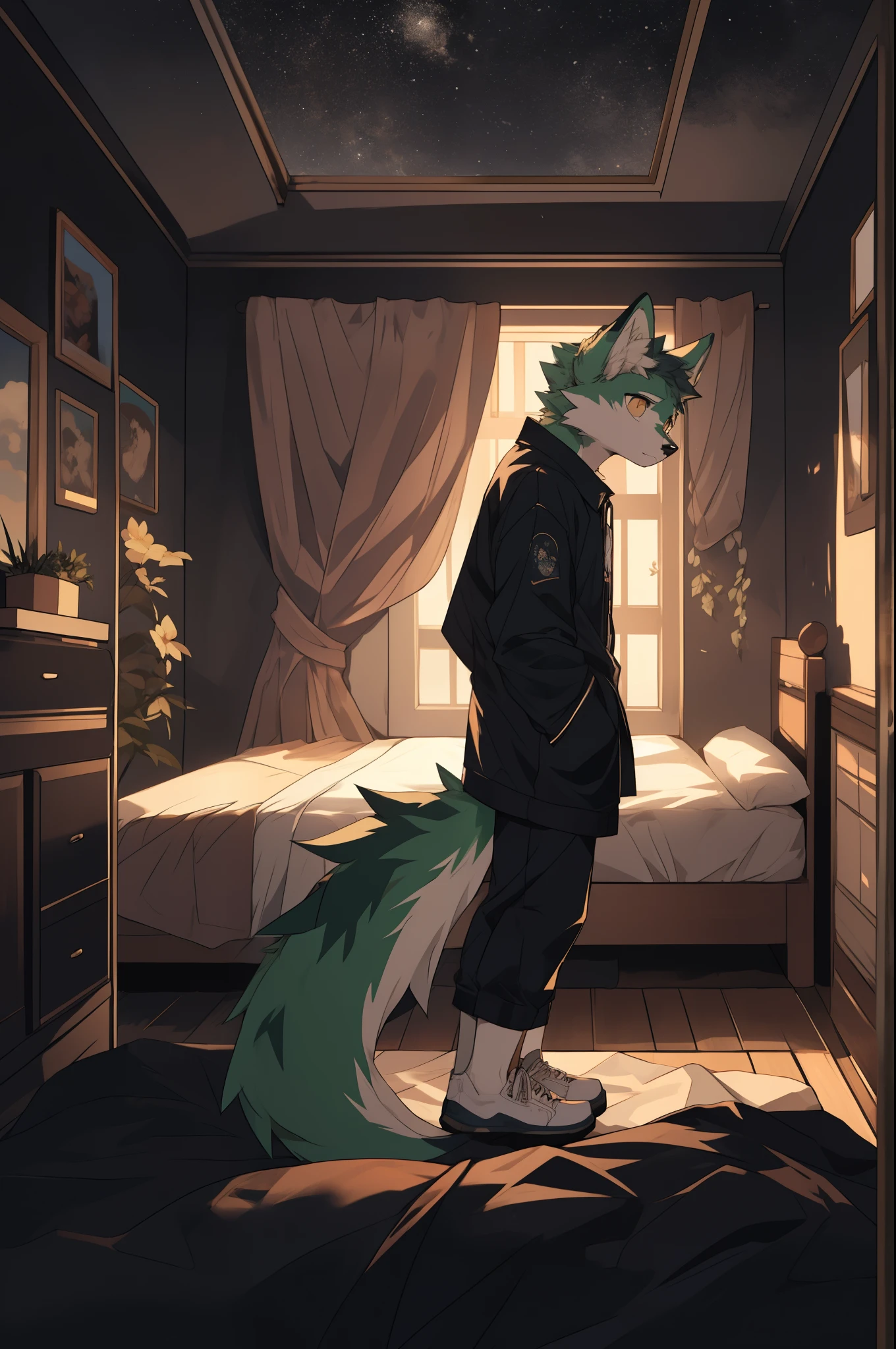 (highest resolution, Dynamic HDR, 4K, full HD) , furry, 18 years old, green fur wolf, green body, yellow eyes, Random clothes, round_cornea, sad face, cute, bedroom, slim_body, นั่งพิงกำแพงในbedroom, The atmosphere is gloomy., nighttime, Dark room with no light