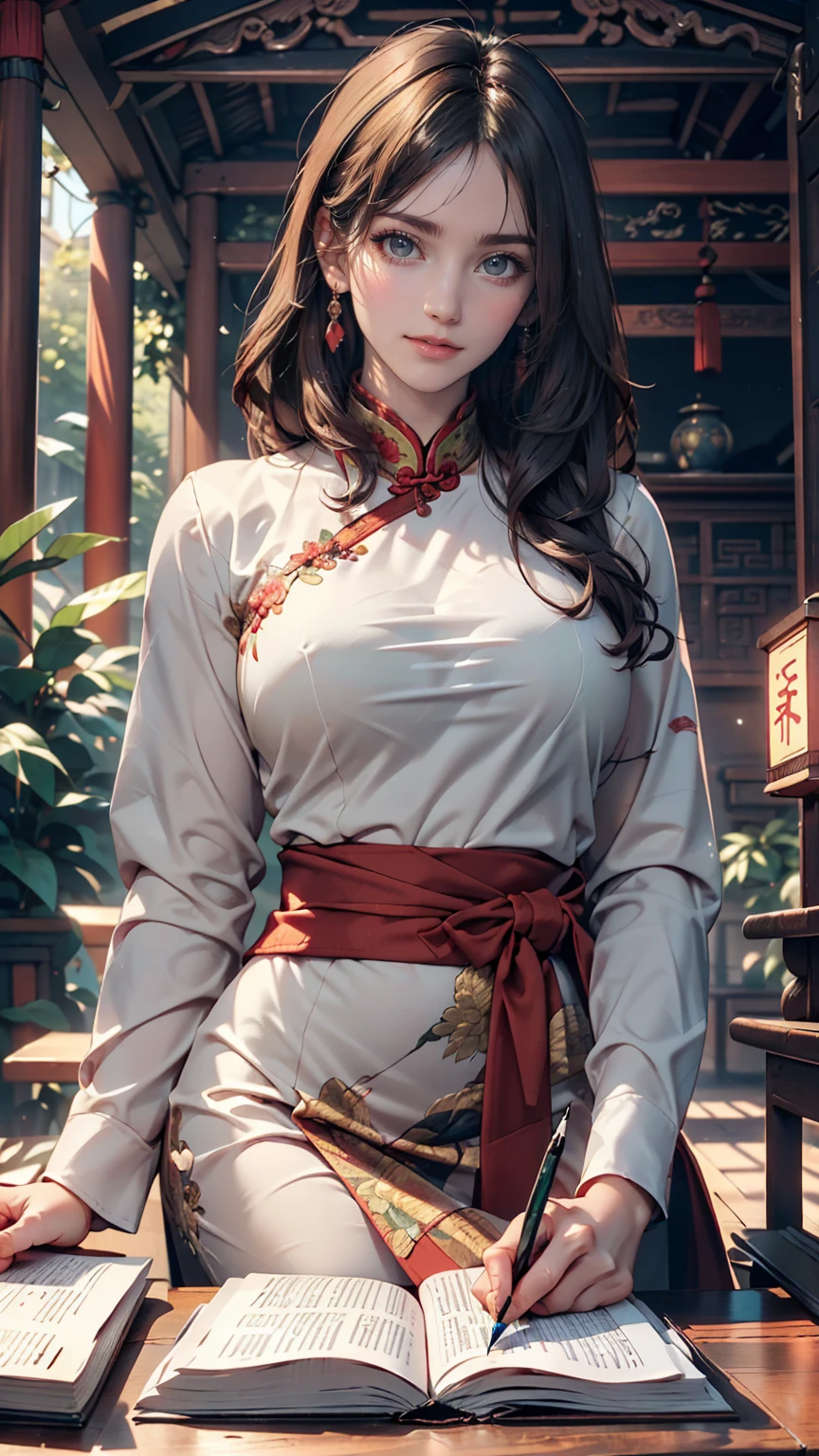 In a quiet night、Photo of a beautiful girl in traditional Chinese dress looking at an ancient Chinese book under a lamp on a low table in an old walled garden,((She holds a pen in her right hand、The left hand is placed on the table)),((masterpiece)),Realistic,4K,Very detailed,((Beautiful big eyes))、Sexy proportions、Sexy、Narrow waist