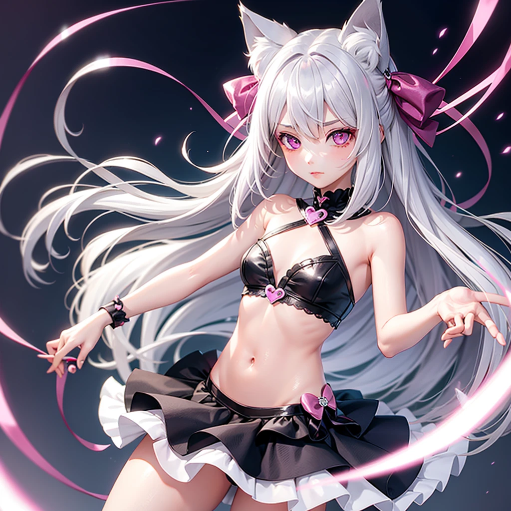 Silver hair, pink eyes, body, cat ears, cute girl, hair bow, heart fantasy background, full oitfit