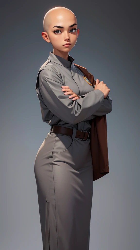 High-detail images Female monk Skinhead Wearing a grey work uniform