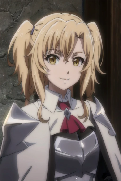GoblinSlayer, NobleFencer, solo, girl1, looking at viewer, smile, long sleeves, brown eyes, cape, armor, shoulder armor, portrait, red ascot,