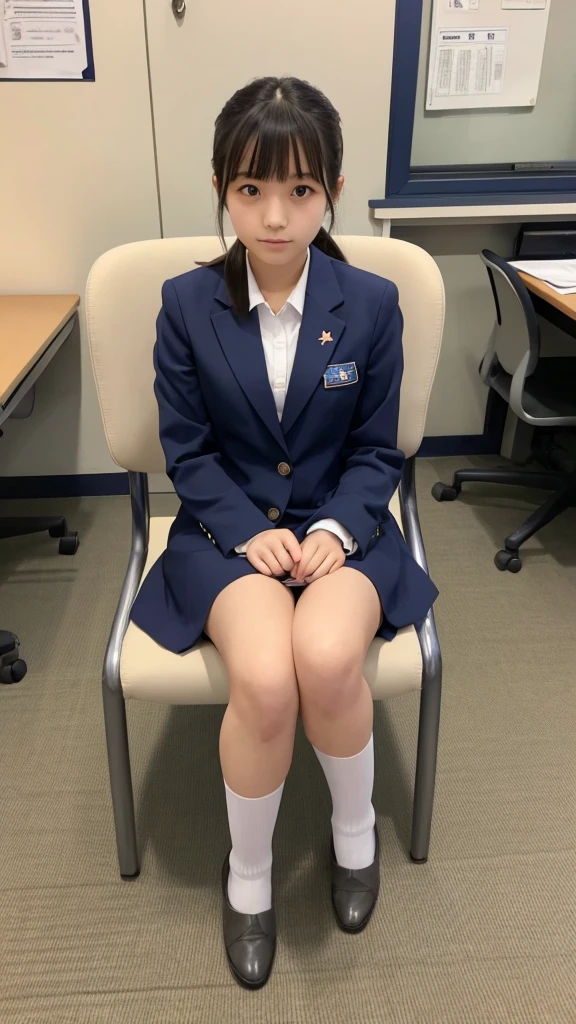 Japanese、、high school girl、Navy blue blazer uniform、Grey pleated itting on a chair with legs crossed