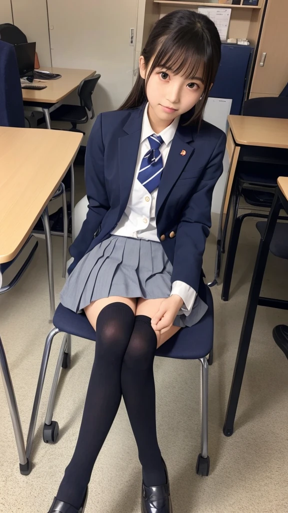 Japanese、、high school girl、Navy blue blazer uniform、Grey pleated itting on a chair with legs crossed
