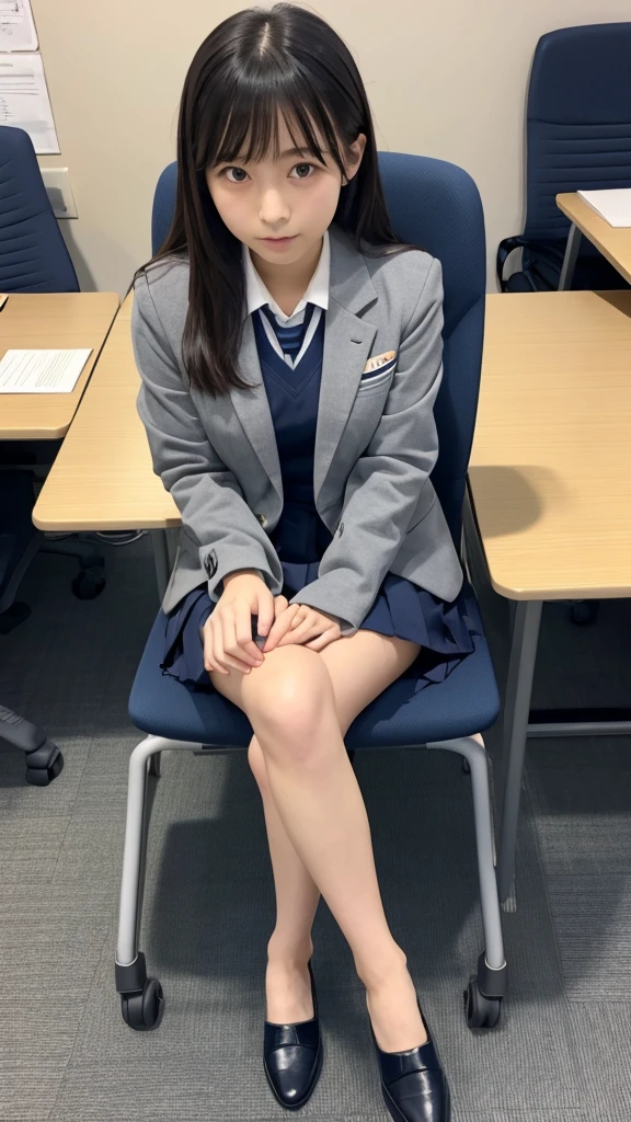 Japanese、、high school girl、Navy blue blazer uniform、Grey pleated itting on a chair with legs crossed