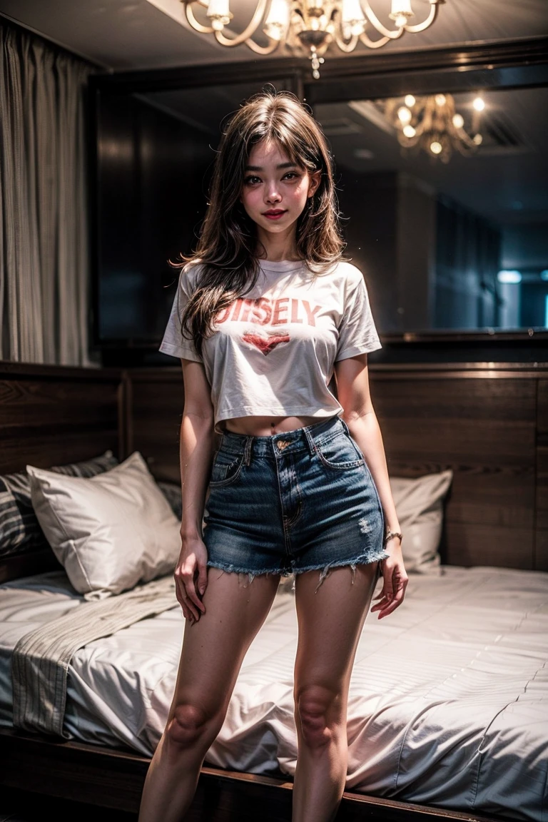 adolescent, Short shirt, sweaty hair, in a hotel bed, big breasts, Under the chest is visible, full body shot, The whole body is shown., background blur, , Movie light effects, perspiration, small t-shirt, tourists in the background, sparkling eyes, blush, shy, Red lips, Denim mini skirt, tilt one'face, Previous open jacket, smile showing teeth, Comb your hair, tilt one'head, Wear high heels, beautiful hair, Very detailed face, kitten at my feet, Beautiful white skin, socks, Supermodel proportions, garter belt,