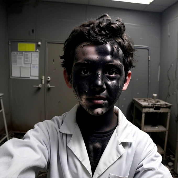 A selfie of a boy scientist covered in soot after an explosion during a failed experiment