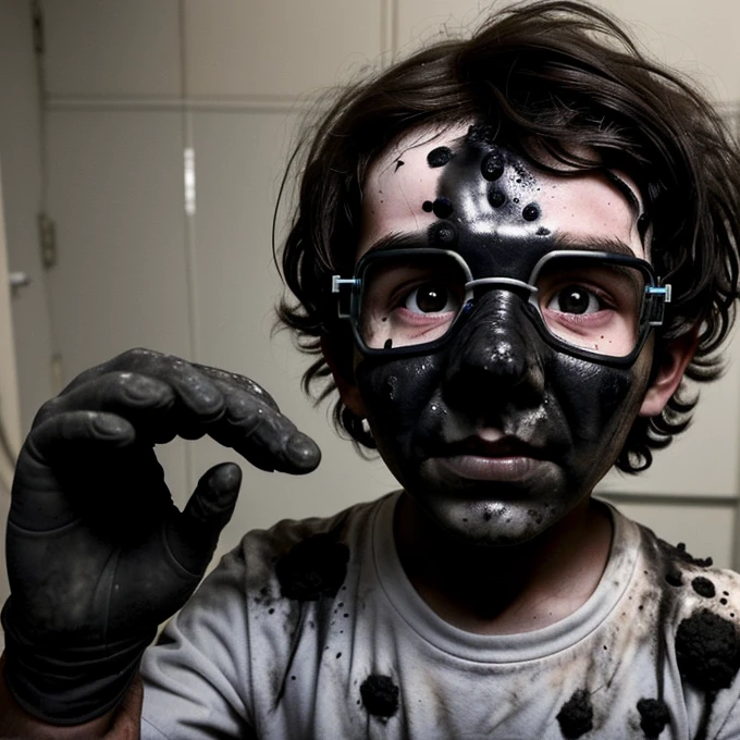 A selfie of a boy scientist covered in soot after an explosion during a failed experiment