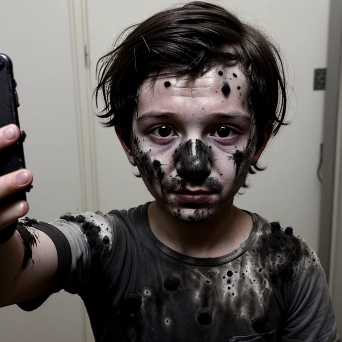 A selfie of a boy scientist covered in soot after an explosion during a failed experiment