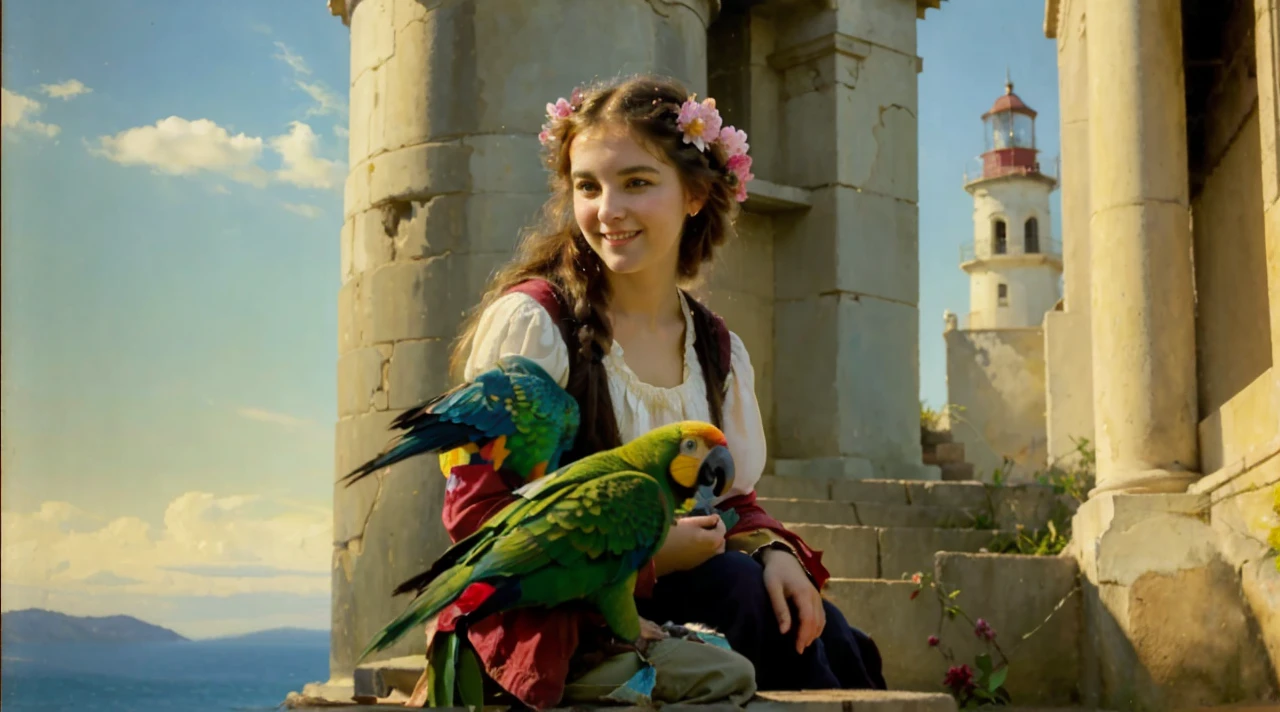 oil on canvas, a beautiful young pirate woman with resemblance to Mckenna Grace sitting with a parrot, on stone steps of an old lighthouse, smiling and looking at the camera, landscape of an epic afternoon , flowers adorn his head, natural lighting, style of william-adolphe bouguereau